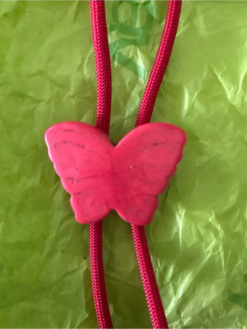 Brown Leather Bolo Tie with Pink Ceramic Butterfly